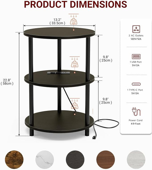 XBurmo Small Round End Table - 3 Tier Design Accent Table, Narrow Side or Bedside Stand, Industrial Vintage Table for Small Spaces, Built-in USB Ports and Power Outlet, Charcoal Wenge