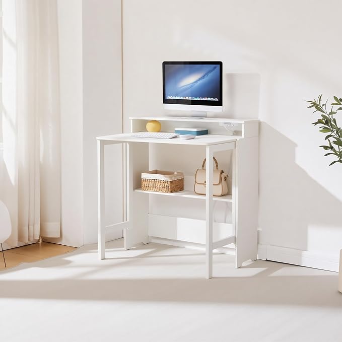Fold Out Desk with Power Outlets, Small Foldable Table with Storage Shelf,Space-Saving Hidden Desk for Bedroom, Living Room & Office (White)