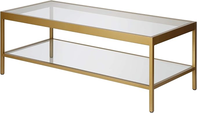 Henn&Hart 45" Wide Rectangular Rectangular Coffee Table in Brass, Modern Rectangular Coffee Tables for living room, studio apartment essentials | Open lower shelf adds practical storage while the glass design keeps spaces feeling bright