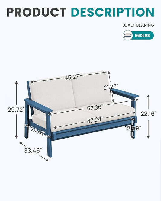SERWALL HDPE Outdoor Patio Loveseat, Blue Frame and Khaki Cushion