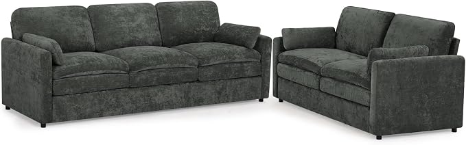 2 Pieces Chenille Sofa Set w/Two Throw Pillows, Upholstered Loveseat & 3 Seater Sofa w/Comfortable Back Cushions, Modern 2-Seat & 3-Seat w/High-Density Foam for Living Room, Apartment, Grey