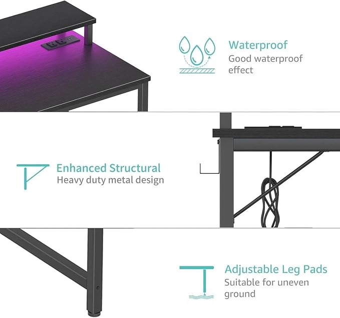 Lufeiya Small Desk with Power Outlets and LED Lights, 32 Inch Teen Writing Study Table Home Office Computer Desks with Monitor Stand, Gaming Desk with Charging Station, Black