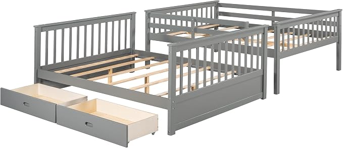 Merax Full-Over-Full Bunk Bed with Two Storage Drawers, Solid Wood Full Size Bunk Bed with Guardrail and Removable Ladder, Can be Converted Into 2 Separate Beds, Grey