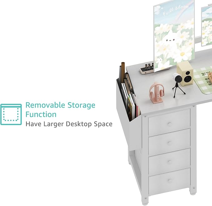 Lufeiya White L Shaped Desk with Drawers & Storage Shelves, 55 Inch Corner Computer Desk with Power Outlet for Home Office Bedroom, L-Shaped Teen PC Desks with Fabric Drawer, White