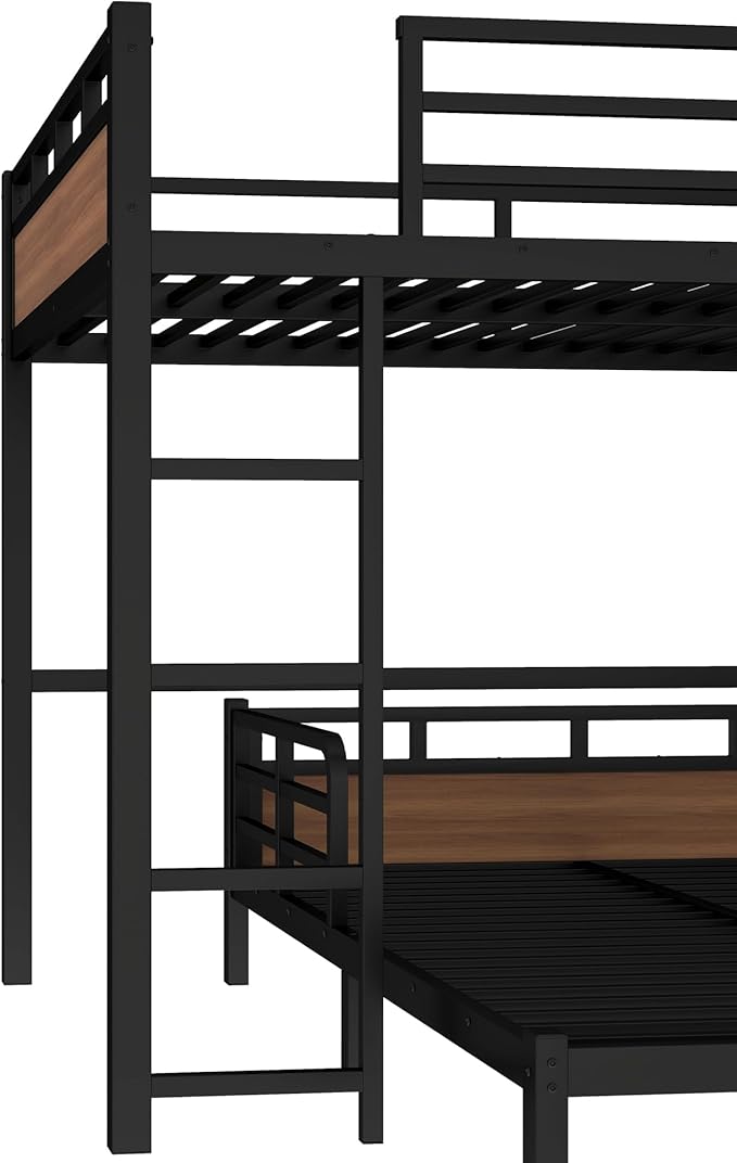 Queen Over Queen Metal Bunk Bed, Heavy Duty Convertible Bunk Bed Frame with Headboard & Full Guardrails, Can Be Split into Two Platform Beds or Loft Bed,Walnut