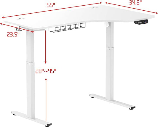 SHW 55-Inch Large Electric Height Adjustable L-Shaped Standing Desk with Right Facing Corner, White