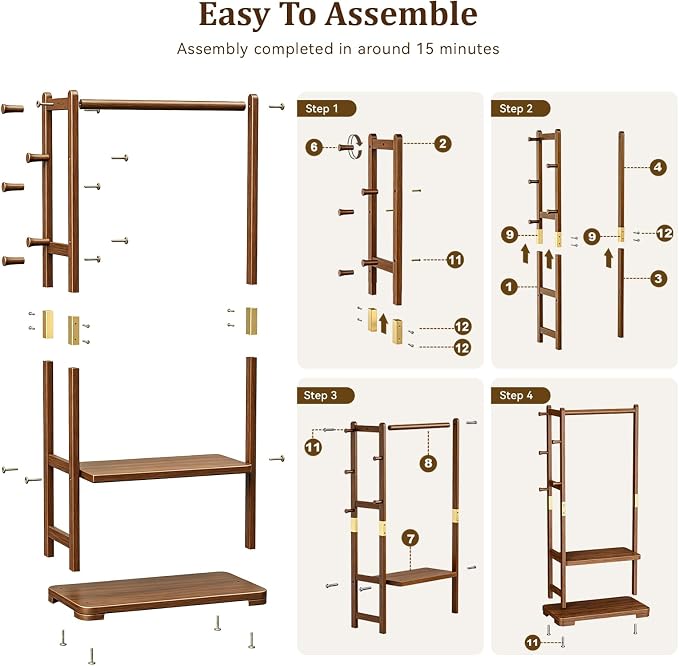 Taitiy Coat Rack Solid Wood Clothes Rack with 2 Shelves & 5 Hooks for Hanging Clothes Garment Wallets Hats, Clothing Rack Heavy Duty Coat Rack Freestanding with Storage Hall Tree for Hallway Bedroom