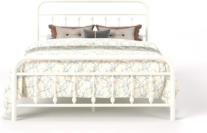SHA CERLIN Queen Size Metal Platform Bed Frame with Victorian Style Iron-Art Headboard and Footboard, Easy Assembly, Under Bed Storage, No Box Spring Required, Off White