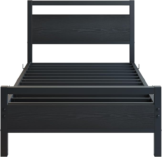 BOFENG Black Twin Bed Frame with Wood Headboard,Metal Single Platform Bed Frame Twin Size No Box Spring Needed,Heavy Duty Metal Slats Support,Noise Free,Single Bed Base,Easy Assembly
