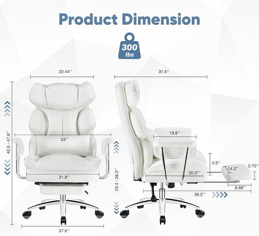 DUMOS Home Office Desk Executive Chair, Big Tall High Back, Snow White | Ergonomic Chair with Footrest & Lumbar Support, Height Adjustable, Comfy PU Leather Computer Gaming with Swivel Wheels