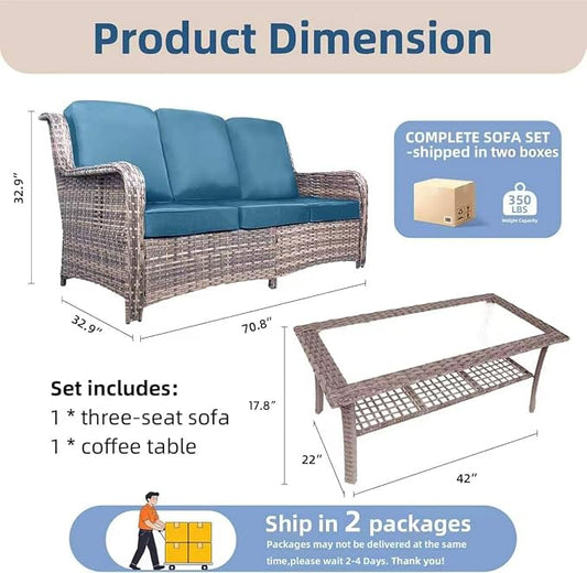 3 Seater Outdoor Wicker Sofa with Table, High Back Rattan Couch with Extra Thick Cushions, Wide Armrests, Deep Seating Sets for Porch Balcony Deck Yard, Peacock Blue