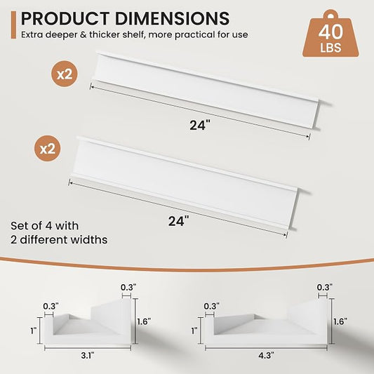 Fun Memories Picture Ledge Shelves Set of 4, 24 Inch Rustic Wall Mounted Floating Shelves with Lip for Home Storage and Décor in Bathroom, Kitchen, Nursery, Bedroom, Living Room, White