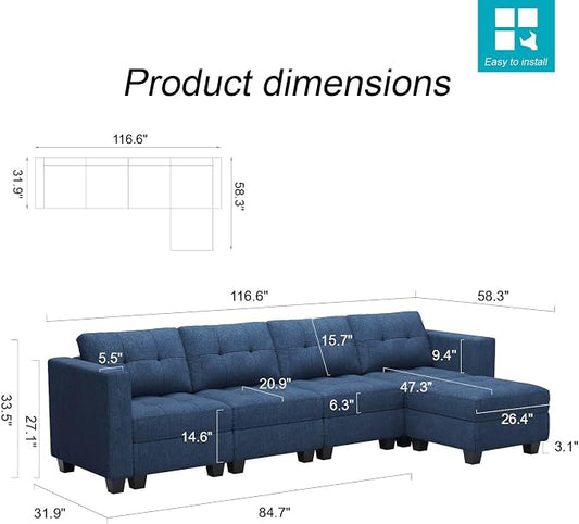 Belffin Blue L Shape 5 Seat Sofa with Storage, Reversible Chaise, Modern Sectional Cotton Polyester Wood Sofa