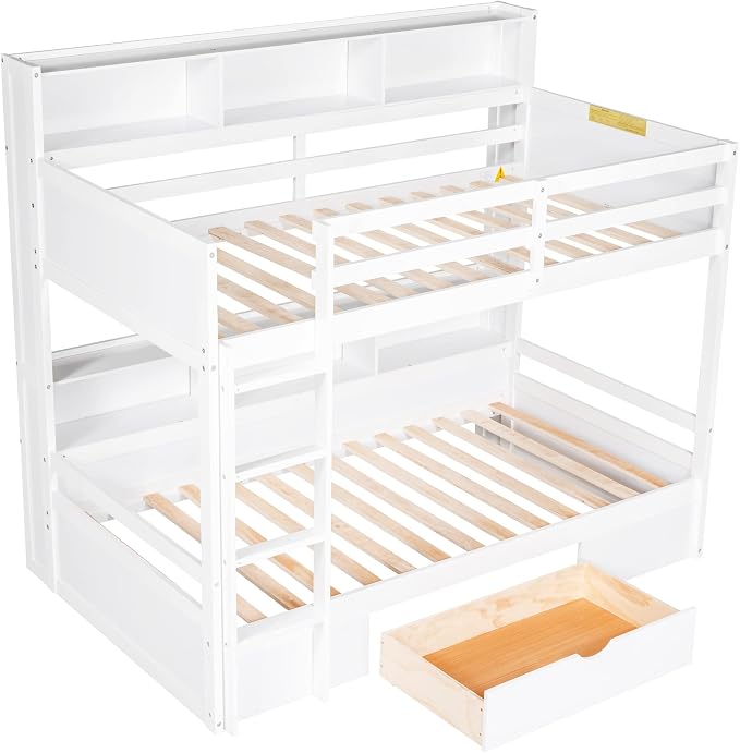 RUNNA Twin Bunk Bed with Storage Drawer, Shelves,Ladder, White | Twin bunk bed with storage drawer, shelves, ladder, guardrails, solid wood, no box spring needed, white, kids teens