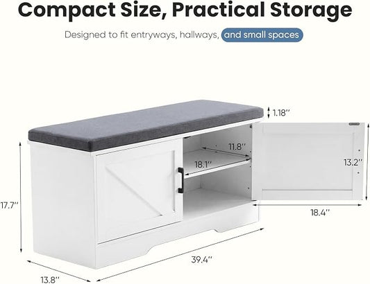 NEWBULIG Shoe Storage Bench for Entryway with Cushion, 39.4IN, White | Shoe Organizer Cabinet with Padded Cushion and Doors, Adjustable Shelves, Shoes Bench for Hallway, Mudroom, Bedroom