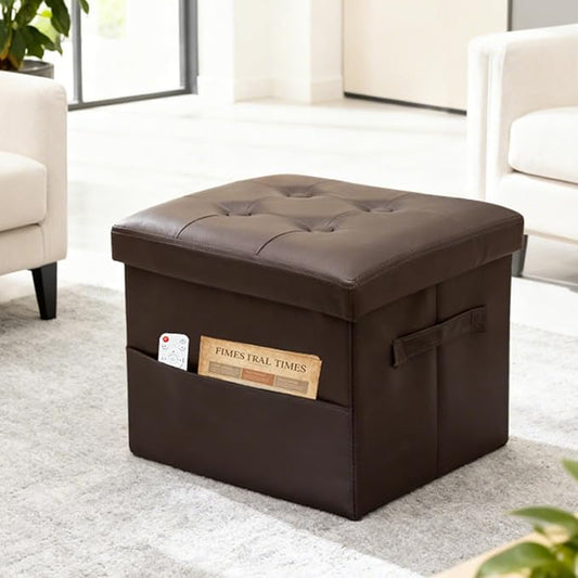 ALASDO Storage Ottoman Footrest Stool Small Ottoman with Storage Foldable Ottomans Foot Rest Footstool Bench for Living Room 17x13x13inches Brown