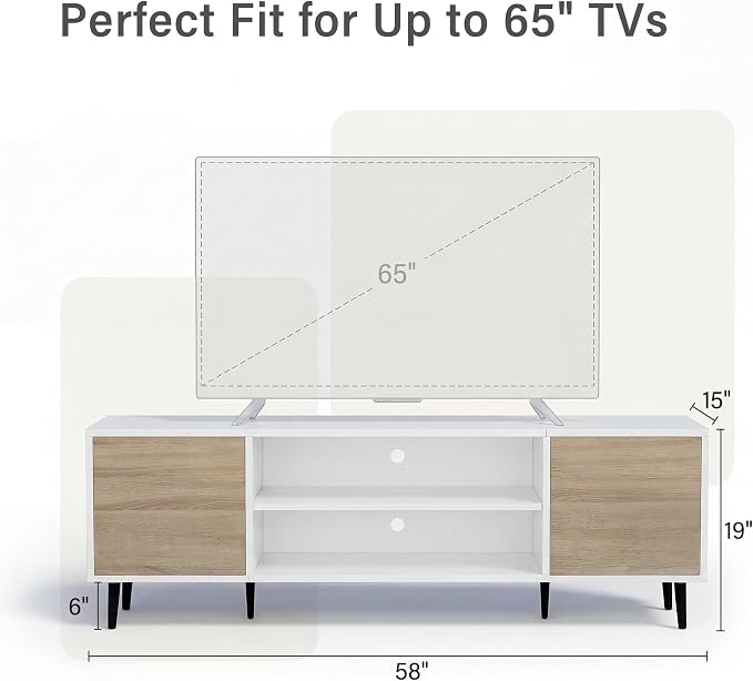 JUMMICO Mid-Century Modern TV Stand for 55-65 Inch TVs, 58 Inch Media Console with Storage, Entertainment Center with Push-Open Cabinets and Cable Management for Living Room(Oak, 58 Inches)