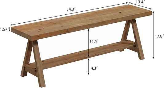 RowyPoey 54" Solid Wood Bench, Long Farmhouse Entryway Bench with Storage Shelf, Triangular Leg Design, Narrow Rustic Benches for Hallway, Bedroom, Dining, Kitchen, Easy Assembly