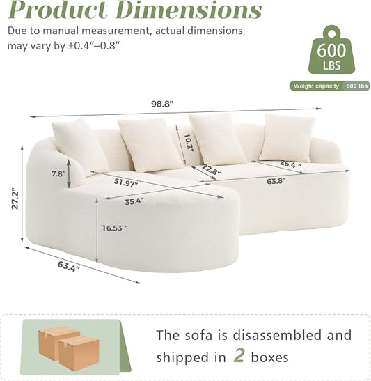 99" Curved Sofa with L-Shape Chaise,Modern Cloud Curved Couch with Deep Seat,No Assembly Required,Upholstered Oversized Couches for Living Room,Apartment (White, 99Inch)
