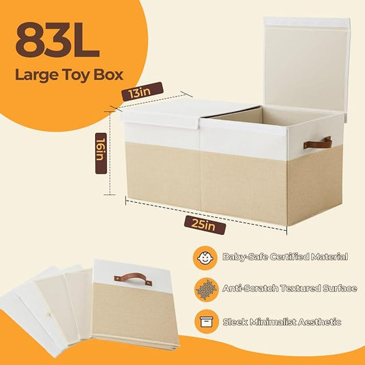 Large Toy Box,83L Foldable Sturdy Toy Storage with Lid,25"x13"x16" Kids Storage Organizer,Toy Chest for Boys&Girls, for Living Room,Nursery,Bedroom,Playroom,Large Capacity Toybox(Beige)