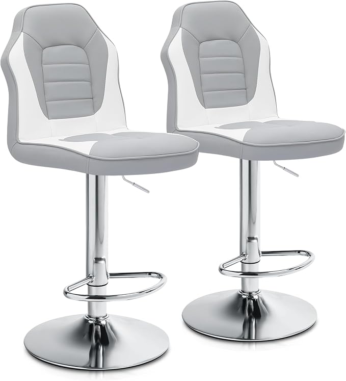 Racing Style Bar Stools Set of 2, Adjustable Counter Height Chairs with Faux Leather, 360° Swivel Bar Stools with Backs, Racing Seat Bar Stool Chairs, Gray/White