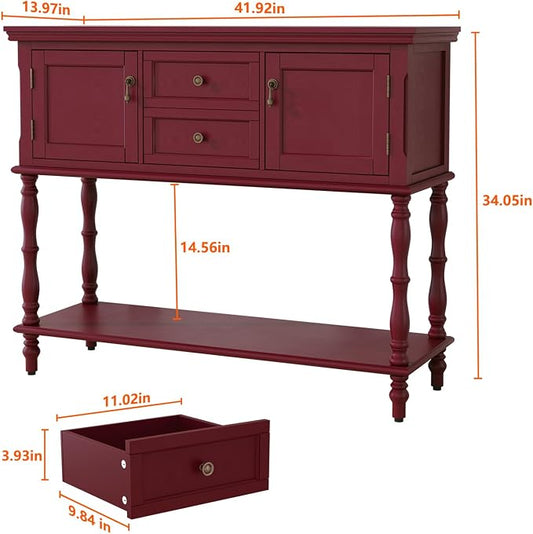 ARTPOWER Console Table with 2 Drawers, Retro Entryway Table with 2 Door Cabinets and Open Storage Shelf, Narrow Long Behind Couch Sofa Table for Living Room, Foyer, Hallway, Red