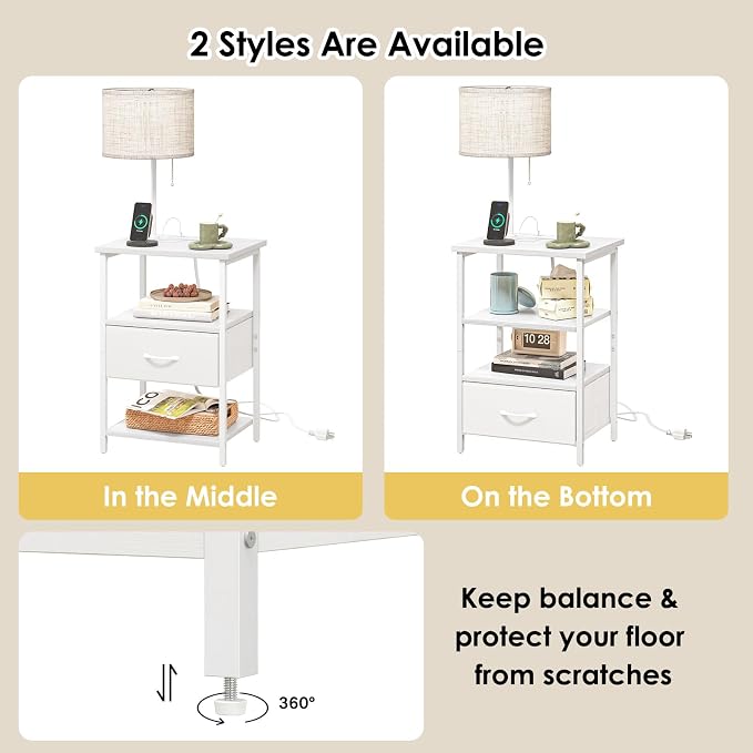 Fixwal Bedside Table with 3 Color Temperatures Bulb Attached, Nightstand with Charging Station and Lights, End Table with Fabric Drawer for Bedroom & Dorm (White)