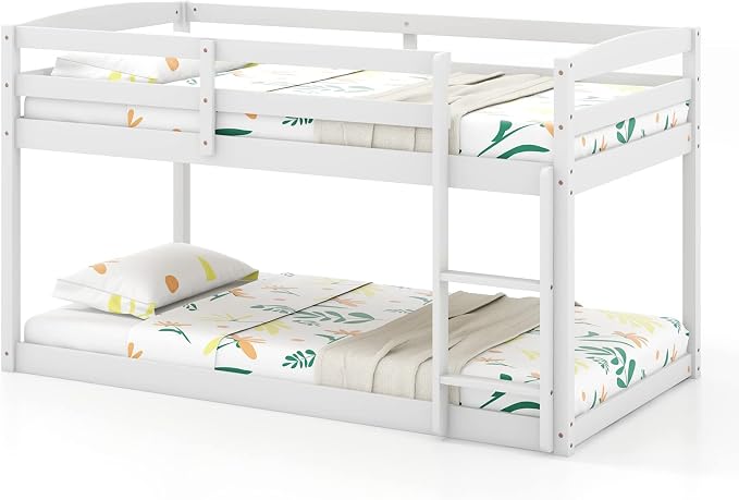 KOMFOTT Low Bunk Bed Twin Over Twin, Solid Wood Bunk Bed Frame with Built-in Ladder & Safety Guardrails, Space-Saving Low Bunk Bed for Kids, Teens, No Box Spring Needed