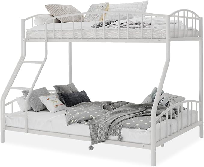 GarveeHome Metal Bunk Bed Twin Over Full, Heavy Duty Bunkbeds Frame with Arched Guardrail and Safety Ladder, Sturdy Steel Bed for Kids Boys Girls, Space-Saving, No Box Spring Needed, White
