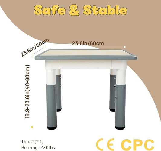 FUNLIO Adjustable Kids Table, 3-Level Height for Ages 3-8, Easy to Wipe Arts & Crafts Toddler Table for Classrooms/Daycares/Homes, CPC & CE Approved, 23.6 x 23.6 Inches - Grey