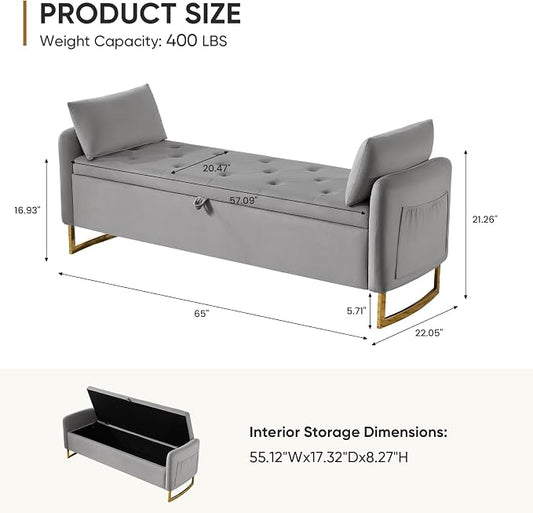65" End of Bed Storage Bench, Storage Bench for Bedroom with Tufted Button Upholstered and Gold Legs, Ottoman Bedroom Benches with Armrests for Living Room Window, Light Grey