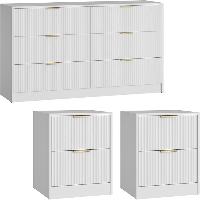 6 Drawer Dresser and Nightstand Set 3-Piece, 55” Wide Bedroom Dressers & Night Stand Set of 2 with Metal Handle, Fluted Modern Wood Chest of Drawers Storage Dressers Set for Bedroom, White