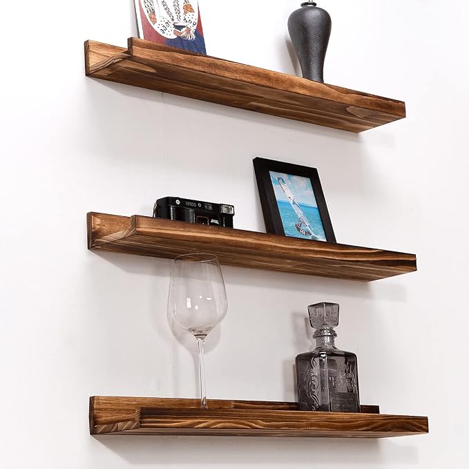MBYD 24 Inch Picture Ledge Shelf Set of 3, Rustic Torched Wood Floating Shelves for Bedroom Living Room Kitchen Wall Decor, Carbonized Finish Display Nursery Bookshelf for Photos, Books, and Art