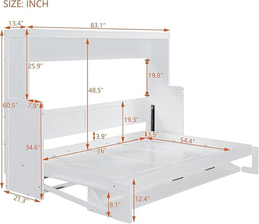 Virubi Full Horizontal Murphy Bed with Desk,Solid Wood Folding Hideaway Murphy Wall Bed for Adult,Guest Room (White,Full)