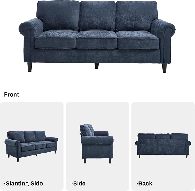 Kingfun 3 Seater Couch, Mid Century Modern Sofa with Rolled Arms and Deep Seats, Fluffy Comfort for Living Room, Apartment, Easy Assembly, Blue
