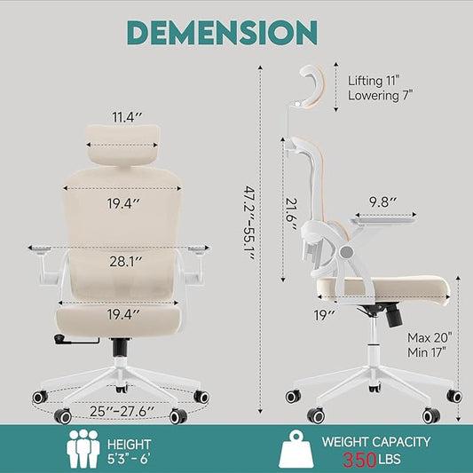 Monhey Ergonomic Office Chair, 90°-125° Tilt Back Home Desk Chair with 360° Swivel & Mute Wheels, High Back Mesh Computer Chair for Adults with Lumbar Support, 330 LBS Capacity (05Khaki)