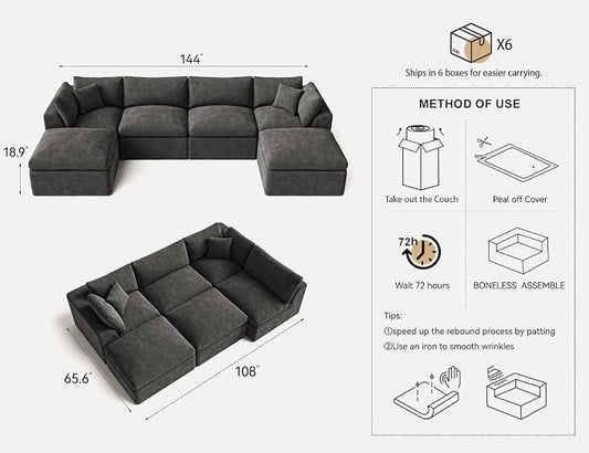 Cloud Sectional Couches for Living Room | 144 Inch U-Shaped Boneless Couch with Ottoman | Dark Grey Modular Sectionals Sofa Couch