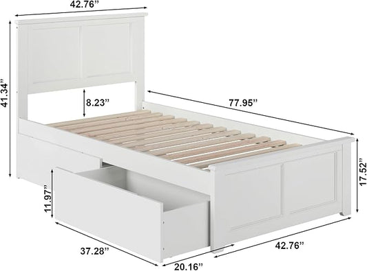 AFI, Madison Twin Platform Bed with Matching Footboard & Storage Drawers, White