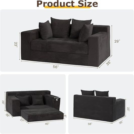 cidludto Convertible Sofa Bed, Boneless Loveseat Folding Couch Bed Foldable - 3 in 1 Small Ccouch & Futon Sofa Bed, Corduroy Pull Out Couch with 4 Pillows for Living Room, Black
