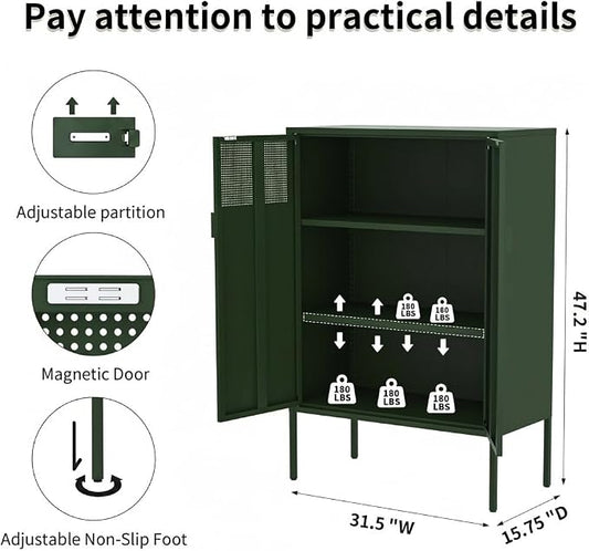 Metal Storage Locker Cabinet with 2 Doors & Adjustable Shelves, 47" Green Accent Furniture, Multipurpose Office Dresser or TV Stand for Home Entryway