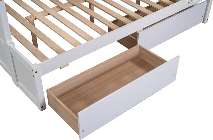Merax Twin Over Full Bunk Bed, Wood Bunk Bed with Removable Ladders and Two Storage Drawers, Convertible into Two Individual Beds (White)