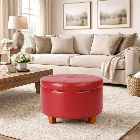 HomePop Round Leatherette Storage Ottoman with Lid, Cinnamon Red Large