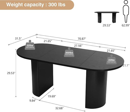 70.8 Inch Dining Table for 4-6 People, Oval Kitchen Table with Semi-Cylindrical Legs Base, Modern Farmhouse Round Dinner Tables for Dining Room Kitchen Living Room (Black)