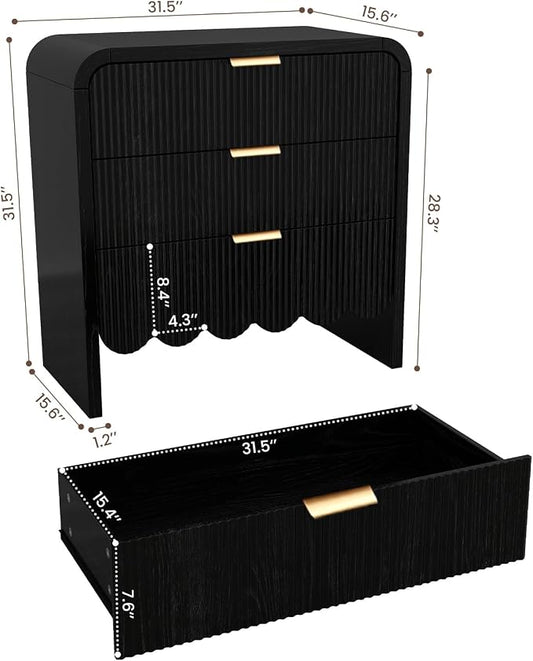 Scalloped Black 3 Drawer Dresser for Bedroom, 32'' Wide Large Drawer Nightstand,3 Drawer End Table Living Rooms, Offices, and Entryway