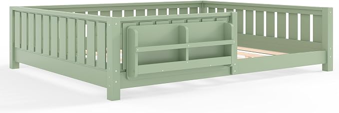 Bellemave Queen Size Floor Bed with Slats and Safety Guardrail, Queen Size Montessori Floor Bed with Fence and Built-in Bookshelf, Easy Assemble Montessori Beds for Girls, Boys, Avocado Green