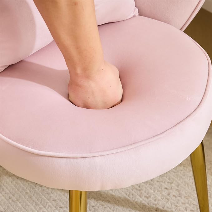 VINGLI Petal Makeup Vanity Chair with Back,Flower Cute Girls Desk Chair Comfy No Wheels,Modern Dining Chair,Small Accent Chair with Adustable Gold Legs&Bow Pillow for Home Office,Bedroom,Velvet,Pink