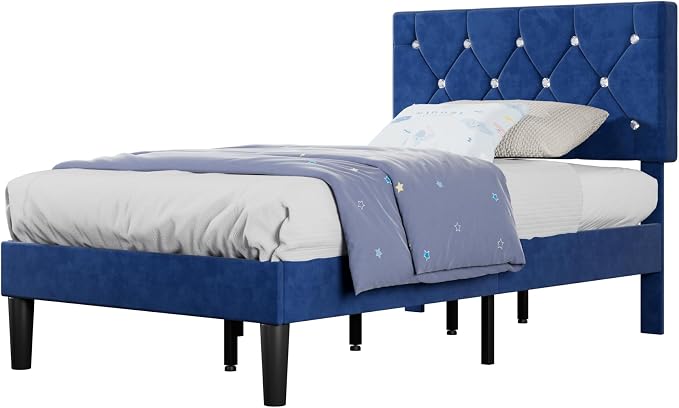 VECELO Twin Size Bed Frame, Upholstered Platform with Adjustable Diamond Tufted Headboard, Wood Slat Support, No Box Spring Needed, Navy Blue