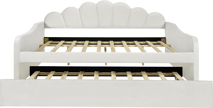 Ball & Cast Full Size Daybed with Trundle,Velvet Upholstered Day Bed Frame Full with Shall Shaped Backrest and Wood Slat Support,No Box Spring Needed,White