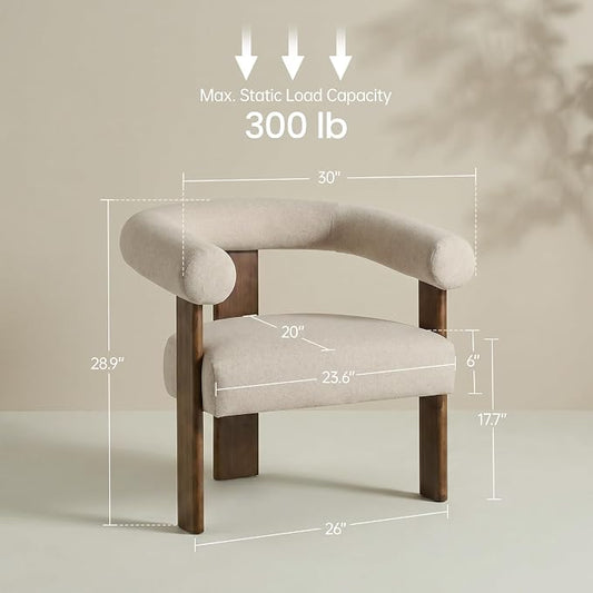 VKNOW Accent Chair, Vanity Chair with Armrests and Walnut Legs, Khaki | Mohair-type Fabric, Barrel Back, Armrests, For Adults and Family, Living Room, Bedroom, Vanity, No Wobble, Easy Assembly
