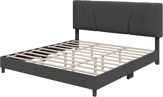 Novilla King Size Bed Frame with Adjustable Headboard Platform King Bed Frame Linen Fabric Upholstered Headboard, No Box Spring Needed, Noise-Free, Wooden Slats Support, Easy Assembly, Dark Grey